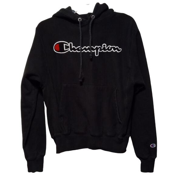 CHAMPION Reverse Weave Pullover Hoodie Sweatshirt Black Red Men's Small - Picture 1 of 5
